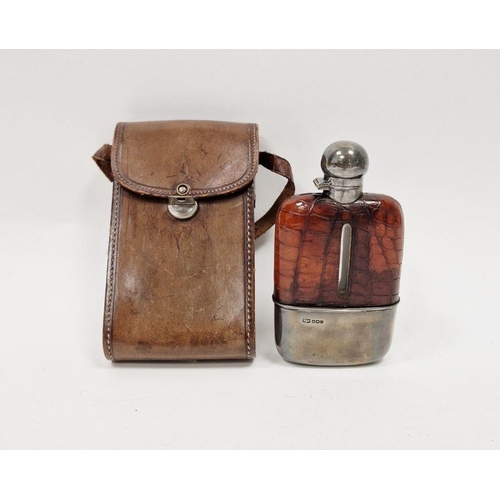 395 - George V silver mounted glass and crocodile skin hip flask, with removable silver cup, hallmarked Sh... 