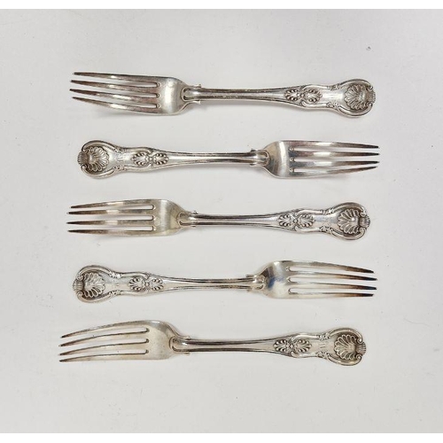 404 - Victorian matched set of five silver kings pattern dinner forks, the earliest being hallmarked Londo... 