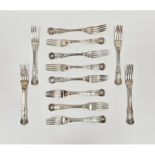 412 - Victorian matched set of twelve silver king's pattern dessert forks, hallmarks include London 1843 b... 