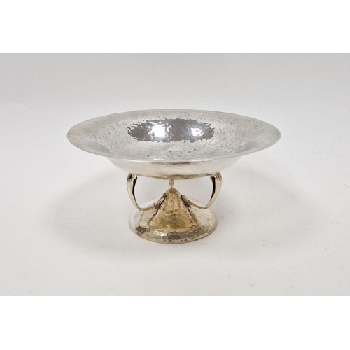 416 - Edwardian Arts & Crafts silver tazza, with hammered decoration throughout, the top section raised up... 