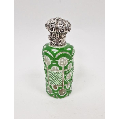 440 - Victorian green cased engraved glass scent bottle, with embossed white metal mount and original glas... 