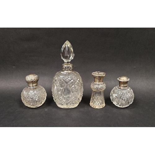 444B - Late Victorian silver mounted cut glass perfume bottle, hallmarked London 1898, together with three ... 