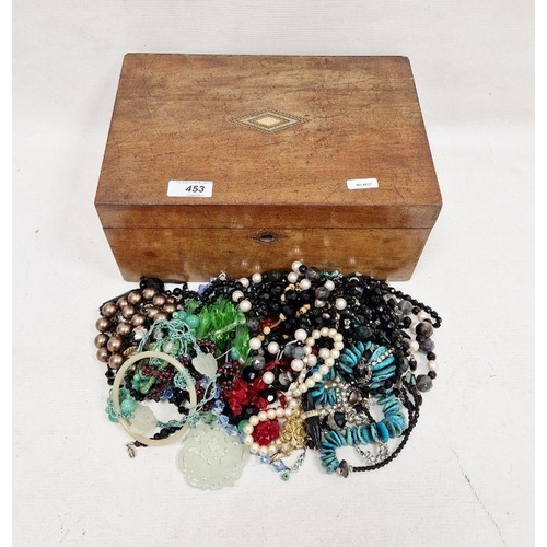 453 - String of garnet beads, jade and thread necklace and other beads and necklaces in inlaid box