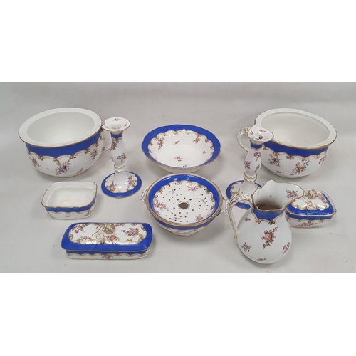 47 - 19th century Staffordshire porcelain blue-ground wash set including: a baluster jug, two basins, a t... 