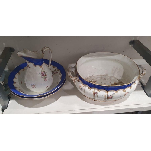 47 - 19th century Staffordshire porcelain blue-ground wash set including: a baluster jug, two basins, a t... 