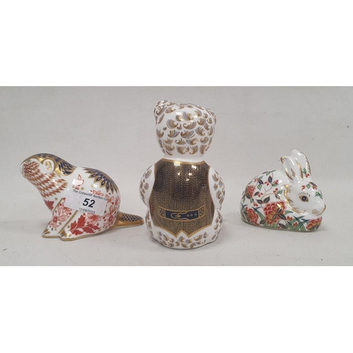 52 - Three Royal Crown Derby imari pattern paperweights, comprising: a teddy, 11.5cm high, 'Meadow Rabbit... 