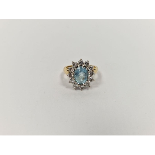 524 - 18ct gold, aquamarine and diamond cluster ring, the aquamarine 2ct approx., each diamond approx. 0.1... 