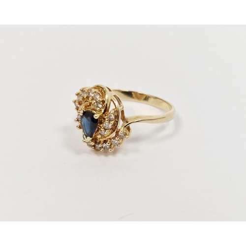 551 - 14ct gold, sapphire and white stone dress ring set pear-shaped blue-coloured stone surrounded by scr... 