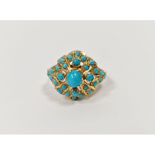 576 - Gold and turquoise cluster ring bearing crown mark, gross weight 5.5g approx.