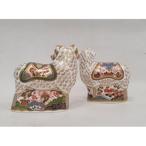 58 - Pair of Royal Crown Derby bone china animal paperweights, modelled as the 'Imari Ram' and 'Imari Ewe... 