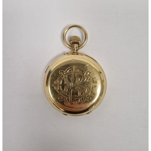 621 - Edwardian 18ct gold cased open face chronograph function pocket watch, with stop button, the circula... 