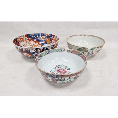 73 - 19th century oriental porcelain bowl, another similar and a Japanese imari bowl, all with old repair... 