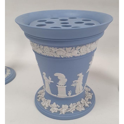 9 - Wedgwood blue jasperware tapering conical bough-pot and pierced liner, 16.6cm high and a pair of can... 