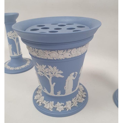 9 - Wedgwood blue jasperware tapering conical bough-pot and pierced liner, 16.6cm high and a pair of can... 