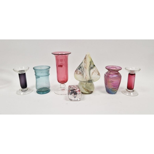 98 - Group of coloured glass to include a Neil Wilkin cranberry glass vase with knopped stem, signed and ... 