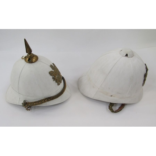 Two Royal Engineers white pith helmets, one with spike top.