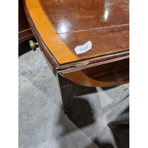 1097 - George III mahogany and satinwood banded oval fall-flap pembroke table, fitted one real and one dumm... 