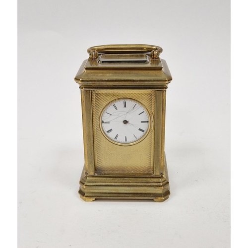 1013 - Miniature brass five-glass carriage clock, white circular enamel dial (no hands) in textured brass p... 