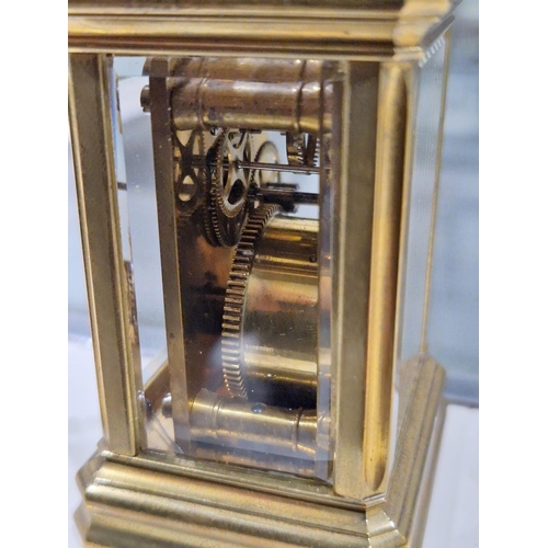 1013 - Miniature brass five-glass carriage clock, white circular enamel dial (no hands) in textured brass p... 