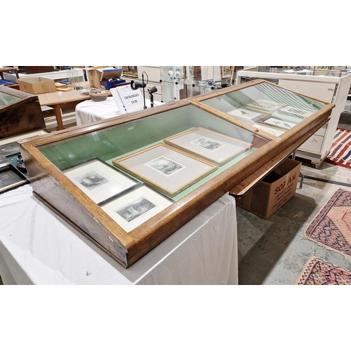 1025B - Early 20th century oak table-top glazed display cabinet, having pair sloping lift-up lids, 30cm high... 