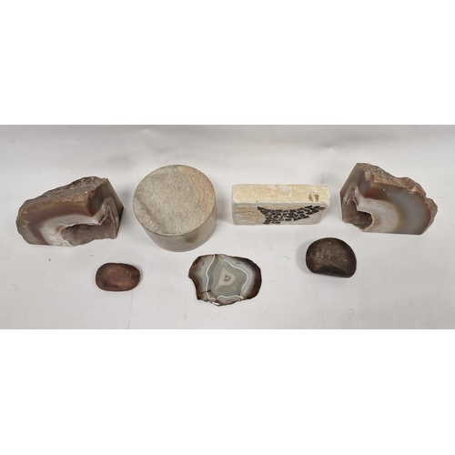 104 - Two polished agate geodes, largest 16.5cm high and other items including a small section of a Roman ... 