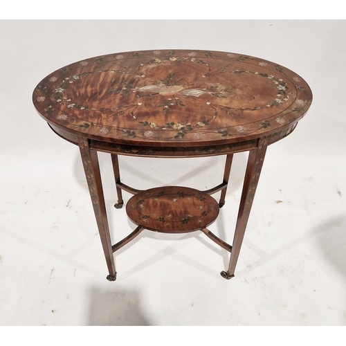 1047 - Late 19th/early 20th century mahogany occasional table of oval form with painted musical scene to th... 