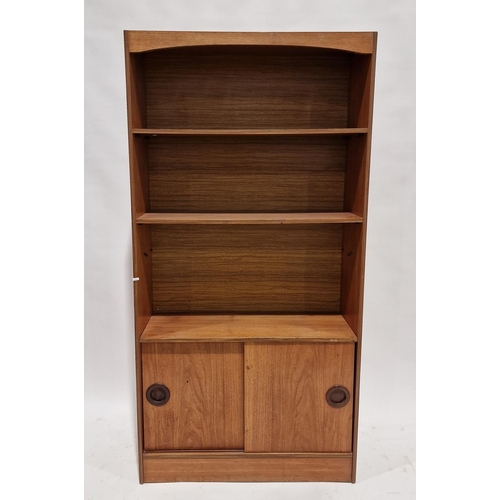 1056 - Pair of mid century teak wall units, one with two shelves above cupboard section, the other with fal... 