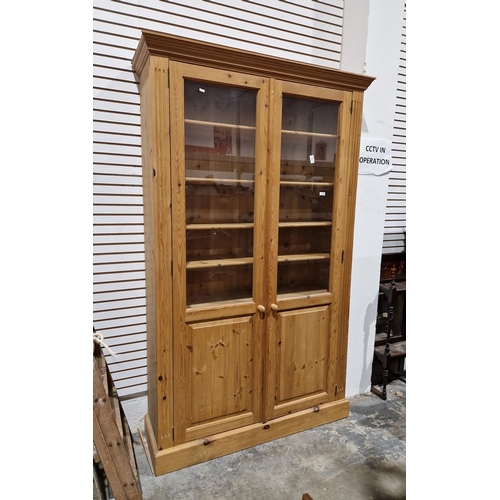 1058 - 20th century pine display bookcase with two part-glazed cupboard doors opening to reveal adjustable ... 