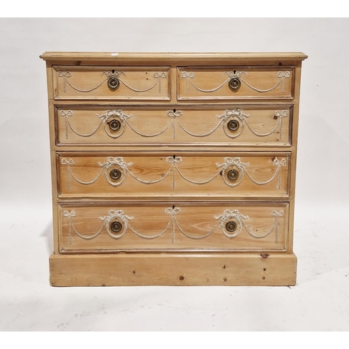 1073 - Stripped pine chest of drawers, with two short drawers above three long graduating drawers, each app... 