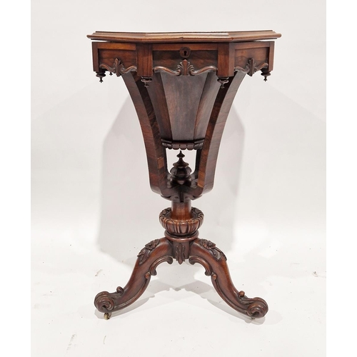 1075 - Victorian rosewood work table of octagonal form, the lid opening to reveal a fitted interior with ne... 