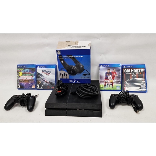 108 - Sony PS4, with stereo gaming headset starter kit for games, two controllers and a small quantity pos... 