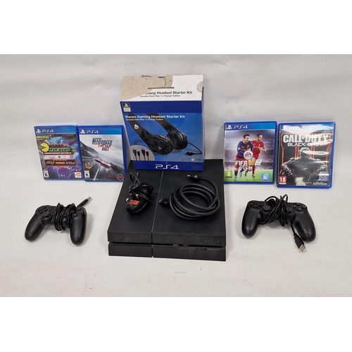 108 - Sony PS4, with stereo gaming headset starter kit for games, two controllers and a small quantity pos... 