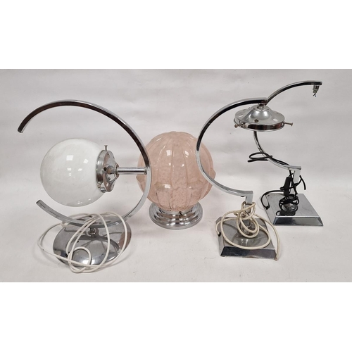 112 - Four vintage chromed lamps, the first with opaque glass globe shade with concentric frame on domed m... 