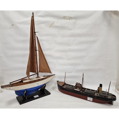 113 - Mid-20th century pond yacht, with a blue painted hull, sails and rigging, on ebonised stand, 63cm wi... 