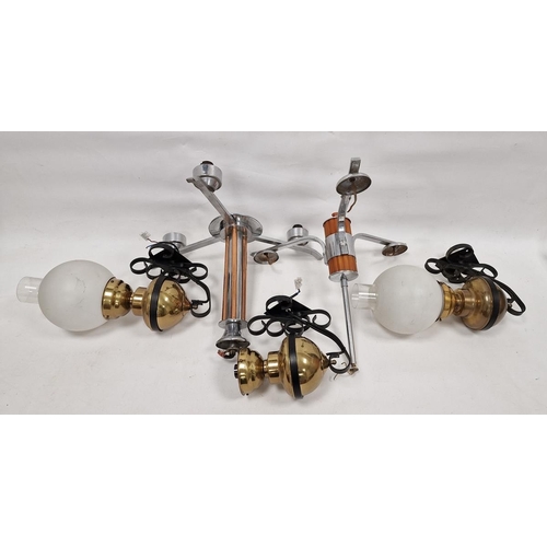 114 - Two 1960's chromed pendant lights, each issuing three lights, one with copper column support and the... 