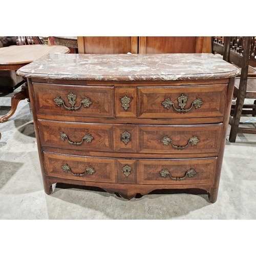 1196 - French Louis XV style marble topped bombe kingwood and rosewood commode, surmounted with a rouge var... 