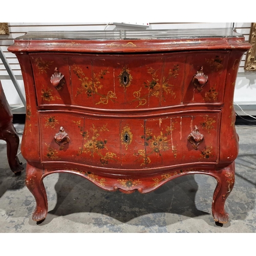 1217 - Pair mid-18th century Italian red painted commodes, of serpentine bombe form, the tops painted with ... 