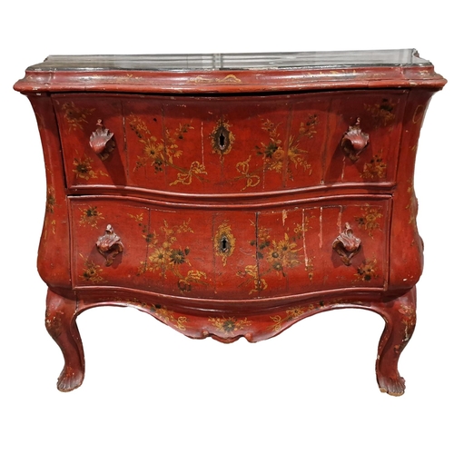 1217 - Pair mid-18th century Italian red painted commodes, of serpentine bombe form, the tops painted with ... 