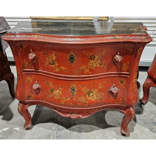 1217 - Pair mid-18th century Italian red painted commodes, of serpentine bombe form, the tops painted with ... 