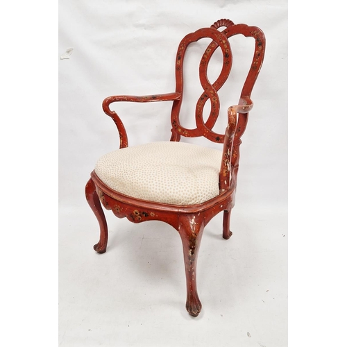 1218 - Set of six mid-18th century Italian red painted chairs, with interlaced pierced splat backs and loos... 