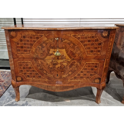 1219 - Pair of 18th century Italian walnut marquetry commodes in the manner of Giuseppe Maggiolini, of serp... 