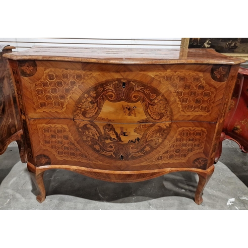 1219 - Pair of 18th century Italian walnut marquetry commodes in the manner of Giuseppe Maggiolini, of serp... 