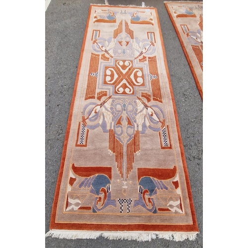 1257 - Pair of contemporary Art Deco-style rugs, probably Chinese Superwash, each with a stylised radiating... 