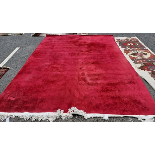 1268 - Contemporary deep red-pink ground carpet, probably Chinese Superwash, decorated with scrolling flowe... 