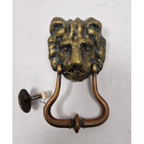 132 - 19th century brass lion mask door knocker, with fittings, approx. 22cm high overall