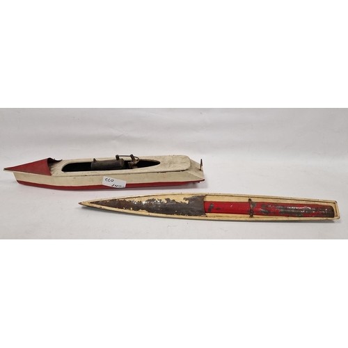 133 - Two mid-century pond yachts, the first painted in white and red, with remnants of old motor, 65.5cm ... 