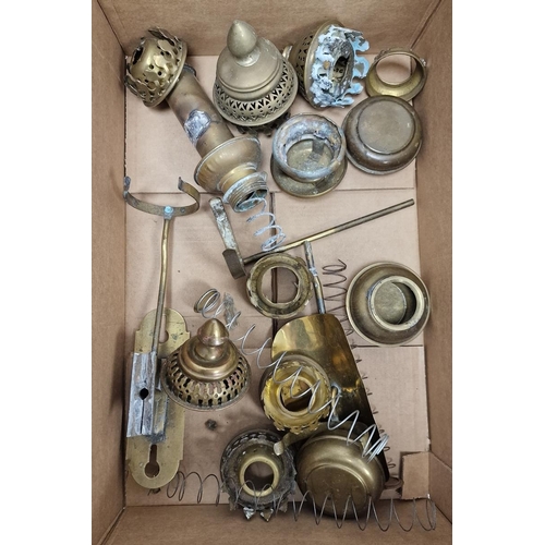 137 - Two boxes of 'GWR', 'White Star Liverpool', 'GER' and 'SRC' brass wall-mounted oil lamps from railwa... 