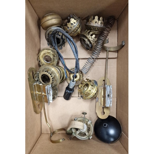 137 - Two boxes of 'GWR', 'White Star Liverpool', 'GER' and 'SRC' brass wall-mounted oil lamps from railwa... 