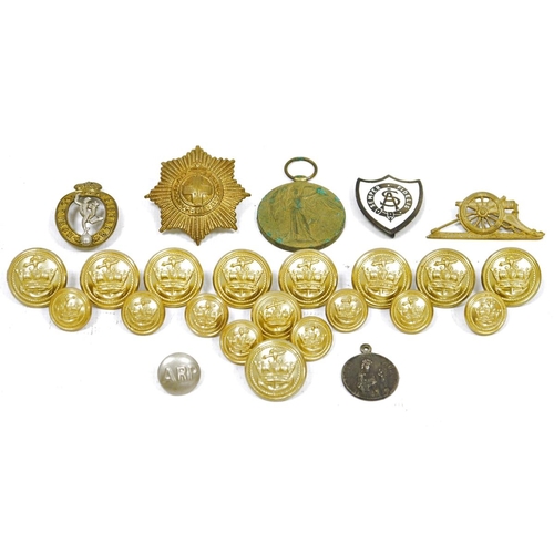 150 - Collection of naval gilt-brass buttons, assorted regimental badges, medals and ephemera to include t... 