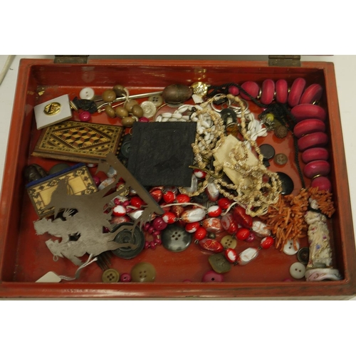 174 - Collection of costume jewellery and other items within an Burmese red lacquered jewellery box to inc... 